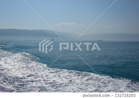 Panoramic view of Ksamil, Albanian Riviera. Ksamil islands are located near the Saranda. Top View. Beautiful destinations. High quality photo 132728203
