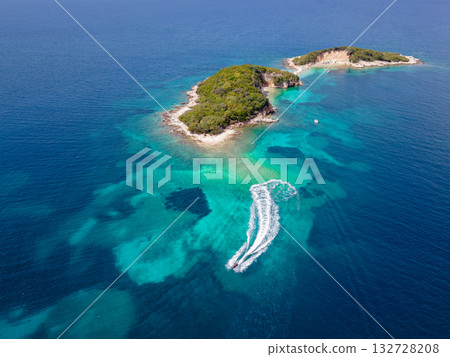 Panoramic view of Ksamil, Albanian Riviera. Ksamil islands are located near the Saranda. Top View. Beautiful destinations. High quality photo 132728208
