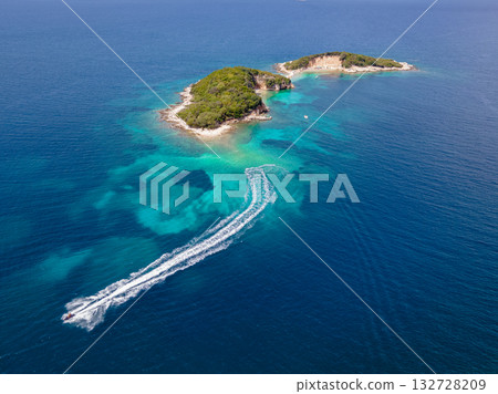 Panoramic view of Ksamil, Albanian Riviera. Ksamil islands are located near the Saranda. Top View. Beautiful destinations. High quality photo Panoramic view of Ksamil, Albanian Riviera. Ksamil islands are located near the Saranda. Top View. Beautiful destinations. High quality photo 132728209