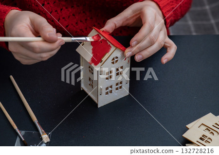 Master class of making craft wooden houses for conscientious Merry Christmas decor. Sustainable celebration minimal responsible DIY holiday project. Step by step instruction Festive modern 132728216