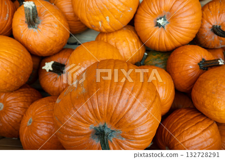 Close-up pile of pumpkins Fresh orange pumpkins stacked tightly, perfect seasonal harvest background for autumn and Halloween. Close-up pile of pumpkins Fresh orange pumpkins stacked tightly, perfect seasonal harvest background for autumn and Halloween. 132728291
