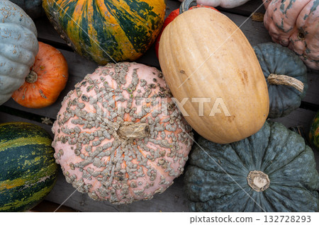 Close-up pile of pumpkins Fresh orange pumpkins stacked tightly, perfect seasonal harvest background for autumn and Halloween. 132728293
