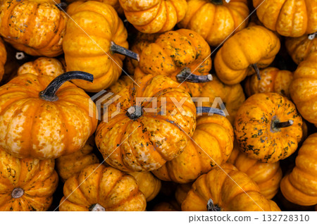 Close-up pile of pumpkins Fresh orange pumpkins stacked tightly, perfect seasonal harvest background for autumn and Halloween. 132728310