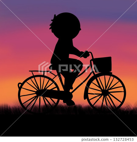 Silhouette illustration of a man riding a bicycle in the sunset Silhouette illustration of a man riding a bicycle in the sunset 132728453