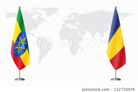 Ethiopia and Romania flags for official meeting 132728976
