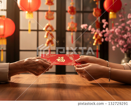 Hands giving a red ang pao, celebrating chinese new year with traditional decorations 132729291