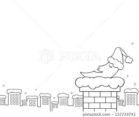 A simple line drawing of a snowy cityscape and a sleeping crescent moon 132729741