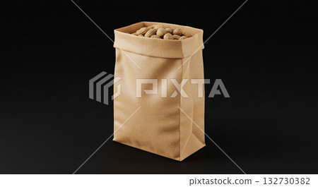 Brown Paper Bag Filled with Peanuts Against a Black Background Brown Paper Bag Filled with Peanuts Against a Black Background 132730382
