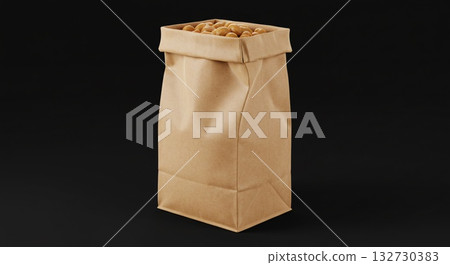 Brown Paper Bag Filled with Roasted Nuts on Black Background 132730383
