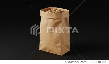 Brown Paper Bag Filled with Roasted Peanuts on Black Background 132730384