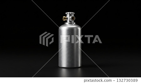 Brushed Aluminum Cylinder with Brass Valve on Black Reflective Surface Brushed Aluminum Cylinder with Brass Valve on Black Reflective Surface 132730389