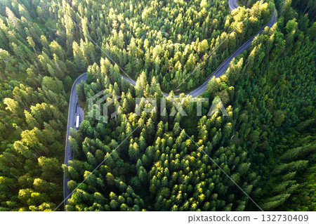 Aerial view of winding road in high mountain pass trough dense green pine woods. 132730409
