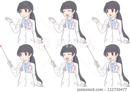 一位女醫師正在指導病人,一位身穿白大褂的女士手持指示棒。一組包含6張年輕女性講解的剪貼畫。 一位女醫師正在指導病人,一位身穿白大褂的女士手持指示棒。一組包含6張年輕女性講解的剪貼畫。 132730477