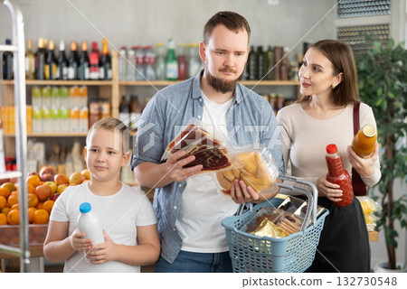 Friendly family with groceries in hands shopping in supermarket 132730548