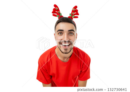 Smiling person in red with reindeer antlers, isolated, PNG 132730641