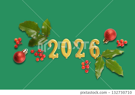 Gold numbers and holiday decorations create a cheerful atmosphere Gold numbers and holiday decorations create a cheerful atmosphere 132730710