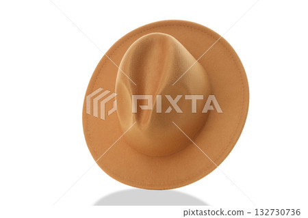 Brown felt cowboy hat with a wide brim and high crown, isolated, PNG 132730736
