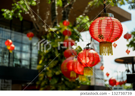 Decorative red lanterns hanging from branches during festivities 132730739