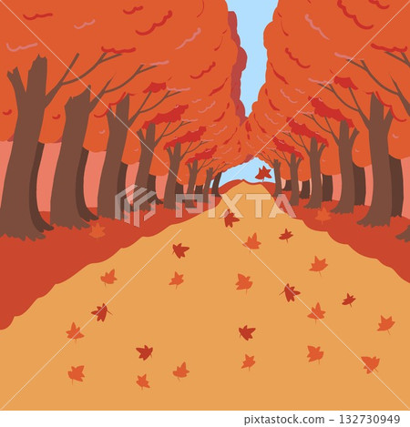 一條綠樹成蔭的道路，鋪滿了落葉（宛如一張楓葉地毯）。 132730949