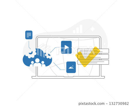 Content curation platform - digital asset management with cloud collaboration, AI tagging. Influencer marketing strategy with cross-team collaboration for marketing teams. Vector illustration 132730982