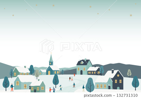 冬季風景插畫，描繪了人們在白雪皚皚的小鎮裡歡聚的場景。 132731310