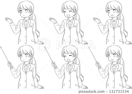 A female pharmacist guiding you, a woman in a white coat holding a pointer. A set of six line drawings of young women explaining 132731534
