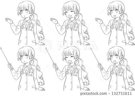 一位女醫生在指導，一位身穿白大褂的女士手持指示棒。一組六幅年輕女性的線條畫，正在講解。 132731611