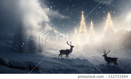 AI-generated image of a landscape with reindeer and Christmas trees AI-generated image of a landscape with reindeer and Christmas trees 132731894