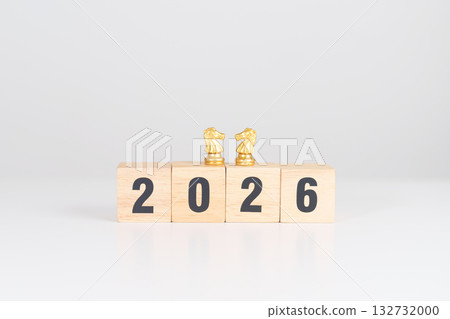Happy New Year 2026 year block with horse chess. Year of the Horse, animals of the Chinese zodiac, horoscope, success and good fortune Happy New Year 2026 year block with horse chess. Year of the Horse, animals of the Chinese zodiac, horoscope, success and good fortune 132732000