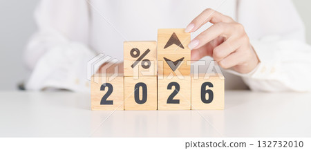 2025 to 2026 New year with percentage change to UP and Down arrow. Interest rate, GDP, stocks market, financial, deflation and Inflation, mortgage, debt, Loan and Economic Recession 132732010