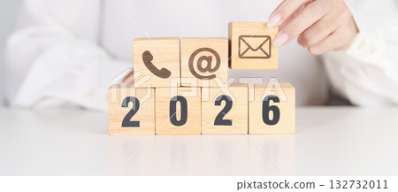 Happy New Year 2026 block for Contact Us concepts. Wood block of Email, call Phone and Website Address sign. For Customer support hotline, business Marketing, Corporate, communication and Advertising Happy New Year 2026 block for Contact Us concepts. Wood block of Email, call Phone and Website Address sign. For Customer support hotline, business Marketing, Corporate, communication and Advertising 132732011