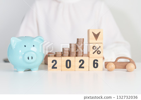 2026 New Year with percentage change to UP and Down arrow, car model and coin stack. Car loan, Interest rate, Insurance, Financial, vehicle Repair, Automobile Tax, mortgage and Maintenance 132732036