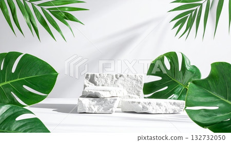 White Stone Podium with Tropical Leaves Minimal 132732050