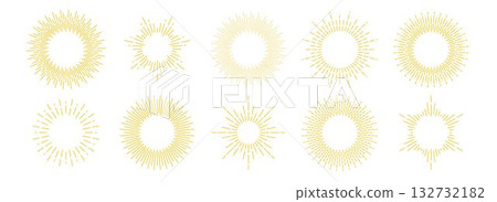 Golden sunburst frame collection. Retro gold radial sun light border set. Vector yellow round boarder bundle. Vintage royal sun beams or rays circle element pack for cadre, decor, label, badge, emblem 132732182