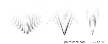 Dotted sound wave signal set. Radial radio or music audio icon collection. Rippled radar vibration element sign bundle. Black dashed curved impulse pack. Fading echo soundwave symbols. Vector 132732183
