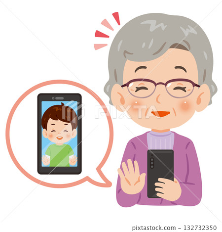 Senior woman making a video call on a smartphone Upper body illustration 132732350