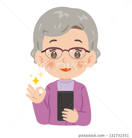 一位老年女性手持智慧型手機，擺出「OK」的姿勢。上半身插圖 132732351