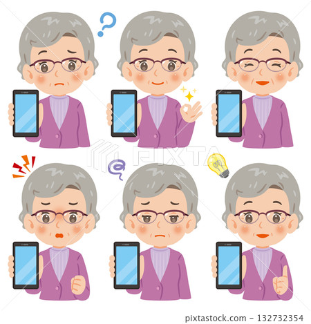 Senior woman showing smartphone screen Upper body illustration set 132732354