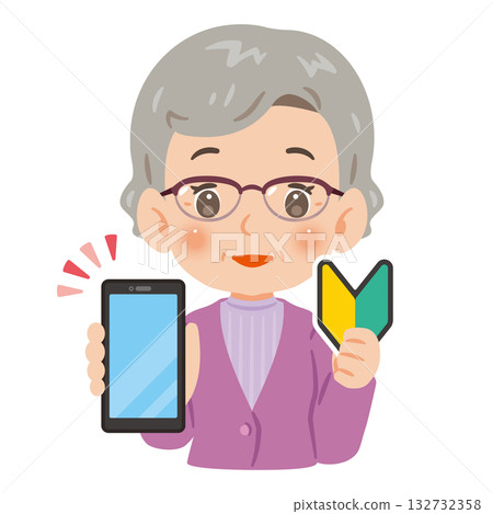 一位剛開始使用智慧型手機的老年女性正在展示螢幕。上半身插圖 132732358