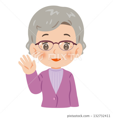 一位老年婦女舉起一隻手打招呼,上半身插圖 一位老年婦女舉起一隻手打招呼,上半身插圖 132732411
