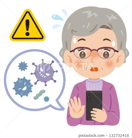 一位老年婦女的智慧型手機感染了病毒，圖中可見她的上半身。 132732418