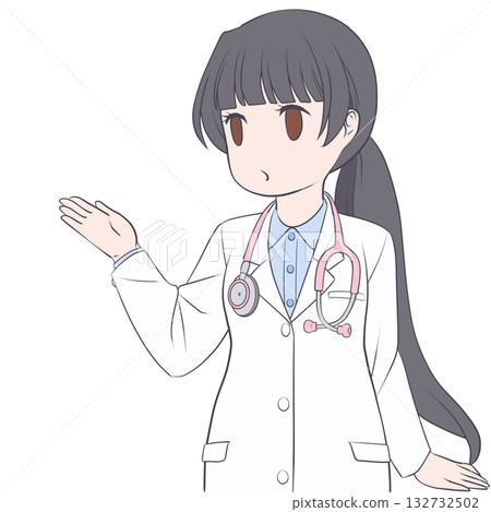 A cute female doctor pointing and guiding. Clip art of a young woman explaining A cute female doctor pointing and guiding. Clip art of a young woman explaining 132732502