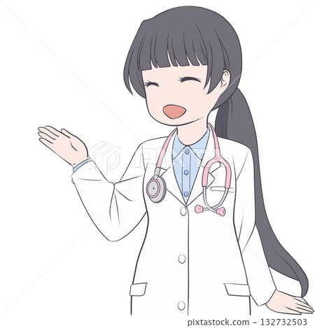 A smiling female doctor pointing with her hand to guide. Clip art of a young woman explaining A smiling female doctor pointing with her hand to guide. Clip art of a young woman explaining 132732503