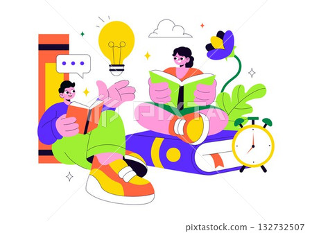 Book Week Events Vector Illustration with People Reading and Students Studying Textbooks for Literacy in a Flat Style Cartoon Background 132732507