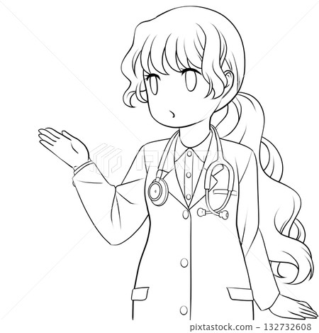 A cute female doctor pointing and guiding with her hand. A monochrome line drawing of a young woman explaining 132732608