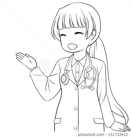 一位面帶微笑的女醫生用手指著並引導著。一幅年輕女子正在講解的單色線條畫。 132732612