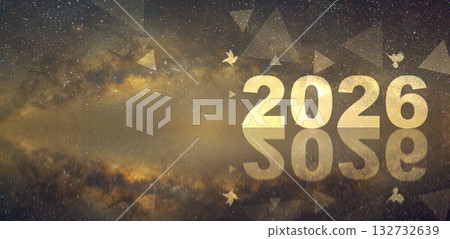 Panoramic horizontal design of Happy New Year 2026 with Firework and Milky way background. Panoramic horizontal design of Happy New Year 2026 with Firework and Milky way background. 132732639