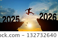 Happy new year in 2026. Man jumping across the gap from 2025 to 2026 cliff with Sunset and Twilight Sky background. 132732640