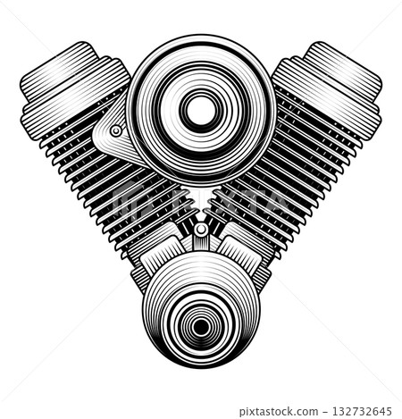 Monochrome vector illustration of a V twin motorcycle engine block detailed vintage woodcut engraving style for garage logos biker club emblems retro mechanical Monochrome vector illustration of a V twin motorcycle engine block detailed vintage woodcut engraving style for garage logos biker club emblems retro mechanical 132732645