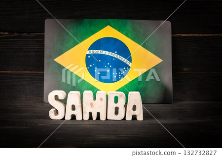 Brazilian national flag with the word SAMBA in bold letters, symbolizing Music Dance Celebration and Brazilian national flag with the word SAMBA in bold letters, symbolizing Music Dance Celebration and 132732827